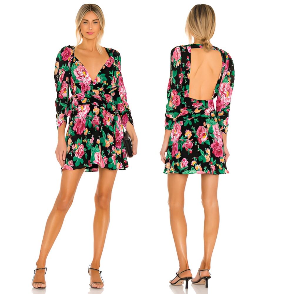 For Love & Lemons June Backless Floral Mini Dress Black Green Pink Size Small